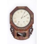 A LATE REGENCY PERIOD BRASS INLAID AND GRAINED ROSEWOOD DROP-DIAL WALL CLOCK, with octagonal