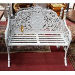 A VERY HEAVY PAIR OF WHITE CAST IRON GARDEN BENCHES, each back with an oval relief depicting a