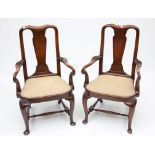 A PAIR OF GEORGE II STYLE WALNUT ARMCHAIRS, each with a vase-shaped centre back splat, and drop-in