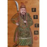 A CHINESE SCHOOL GOUACHE PORTRAIT, depicting a Chinese Warrior, with various seals, stamps and