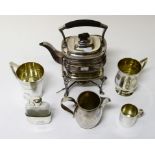 A HEAVY SILVER PLATED TEA KETTLE ON WARMING STAND, with lamp, the ogee shaped rectangular kettle