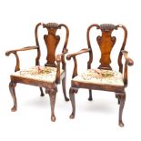 A FINE PAIR OF QUEEN ANNE STYLE WALNUT DINING ROOM ARMCHAIRS, each vase-shaped splat crested with