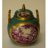 A FINE DRESDEN JAR AND COVER, with two handles, decorated with classical figures, the domed cover