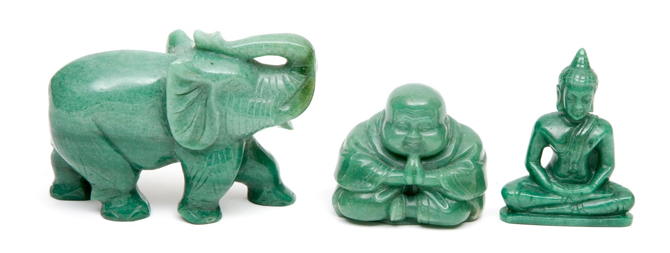 THREE CHINESE JADE FIGURES, one a seated Buddha with hands joined in prayer; another a seated female - Image 2 of 2