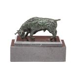 A FINE BRONZE MODEL OF A RAGING BULL, spinach green patination, on rectangular moulded black