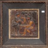 A POLYCHROME COMPOSITION RELIEF, 'Jesus with the Samaritan Woman by the Well', 11" (28cm) square,