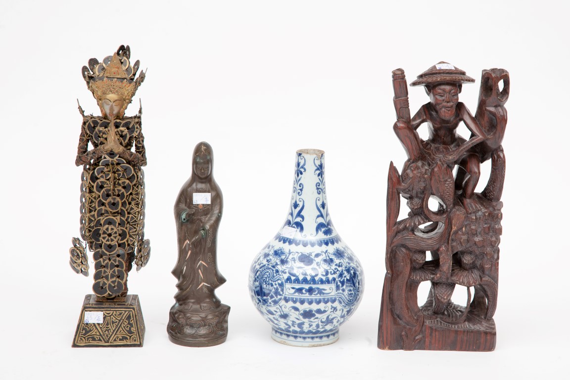 AN INLAID CHINESE BRONZE FIGURE OF A GUANYIN, 12" (30cm) high; together with a carved Chinese wooden - Image 2 of 2