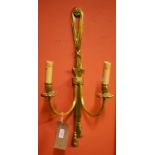 A PAIR OF TWO BRANCH ADAM'S STYLE GILT BRASS WALL LIGHTS, each modelled with tied tassels issuing