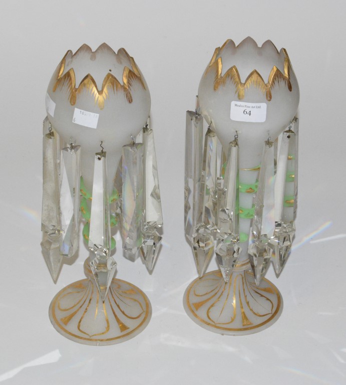 A PAIR OF VICTORIAN FROSTED AND PARCEL-GILT LUSTRE VASES, each with a tapering stem, applied with