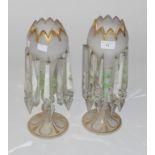 A PAIR OF VICTORIAN FROSTED AND PARCEL-GILT LUSTRE VASES, each with a tapering stem, applied with