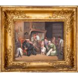 A 19TH CENTURY PORCELAIN PANEL, decorated with an interior scene, depicting a family group merry-