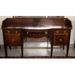 A 19TH CENTURY INLAID MAHOGANY SIDE BOARD, probably Irish, the three quarter gallery above a bow