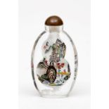 A CHINESE GLASS SNUFF BOTTLE, inside decorated on a double-gourd section, depicting figures on