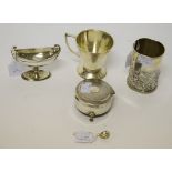 A SMALL SILVER CHRISTENING CUP, marks rubbed; a silver sleeve for a perfume bottle, Birmingham 1902,