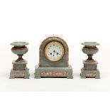 A THREE-PIECE GREY VEINED MARBLE MANTEL CLOCK GARNITURE