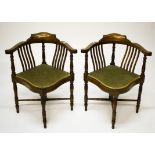 A PAIR OF INLAID EDWARDIAN WALNUT CORNER ARMCHAIRS