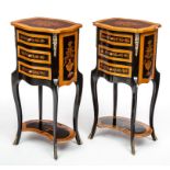 A PAIR OF SERPENTINE SHAPED EBONISED MARQUETRY AND SATINWOOD BANDED PETITE COMMODES