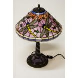 A PAIR OF TIFFANY STYLE COLOURED GLASS METAL TABLE LAMPS, each mushroom shade applied with locusts