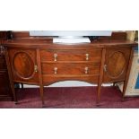 AN INLAID MAHOGANY AND BOW FRONTED SIDE BOARD
