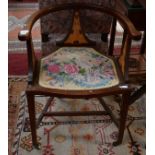 AN ART NOUVEAU INLAID MAHOGANY OPEN ARMCHAIR,