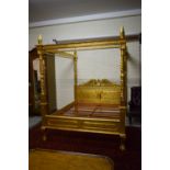 A LARGE ORNATE CHIPPENDALE STYLE GILT FOUR POSTER CANOPY BED