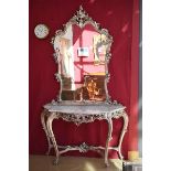 A MODERN SILVERED AND CARVED WOODEN CONSOLE AND MIRROR,
