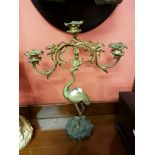 A PAIR OF GILT BRASS TWO BRANCH THREE LIGHT CANDELABRA,