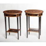 A PAIR OF ATTRACTIVE OVAL EBONISED AND SATINWOOD MARQUETRY LAMP OR SIDE TABLES