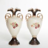 A PAIR OF EDWARDIAN TRANSFER PRINTED VASES,