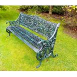 A PAIR OF VERY ATTRACTIVE AND UNUSUAL HEAVY CAST IRON GARDEN BENCHES,