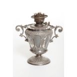 AN UNUSUAL SILVER PLATED PRESENTATION TABLE OIL LAMP,