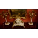 A LATE 19TH CENTURY THREE-PIECE FRENCH WHITE MARBLE AND GILT METAL MANTEL CLOCK GARNITURE,