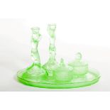 A FIVE-PIECE FRENCH GREEN GLASS DRESSING TABLE SET