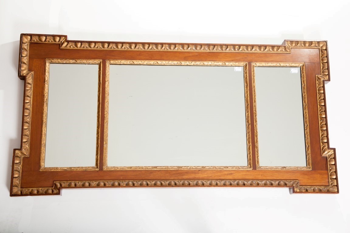 A GEORGE II STYLE WALNUT AND PARCEL GILT THREE COMPARTMENT OVERMANTLE