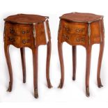 A PAIR OF BRASS MOUNTED ELM AND KINGWOOD BANDED FRENCH TWO DRAWER PETIT COMMODES