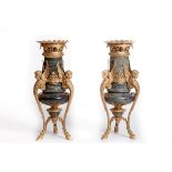A VERY ORNATE PAIR OF GILT BRASS AND GREEN MARBLE URNS AND VASES