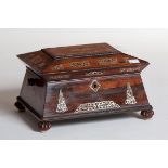 A WILLIAM IV PERIOD ROSEWOOD AND MOTHER 'O' PEARL INLAID LADIES WORK, JEWELLERY CASE,