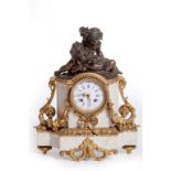 A FINE NINETEENTH CENTURY FRENCH WHITE MARBLE BRONZE AND GILT BRONZE MANTEL CLOCK,