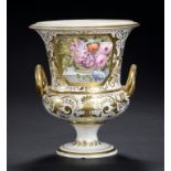 A DERBY CAMPANA SHAPED VASE, C1820 painted with a panel of flowers in a basket, 16.5cm h, red