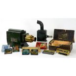 A LATE VICTORIAN OR EARLY 20TH CENTURY GREEN PAINTED TINPLATE AND LACQUERED BRASS MAGIC LANTERN A