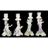 TWO PAIRS OF GERMAN PORCELAIN FLORAL ENCRUSTED FIGURAL CANDLESTICKS, 19CM H, PRINTED MARK, 20TH