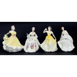 FOUR ROYAL DOULTON BONE CHINA FIGURES OF YOUNG WOMEN, 21CM H AND CIRCA, PRINTED MARKS