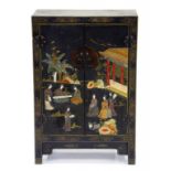 A 20TH CENTURY CHINESE LACQUERED CABINET DECORATED WITH FIGURES AND BIRDS, 91CM X 62CM