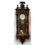 A WALNUT 'VIENNA' WALL CLOCK WITH BRASS WEIGHTS, 148CM HIGH, LATE 19TH C