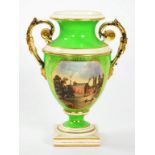 A DERBY GREEN GROUND VASE OF SHIELD SHAPE WITH SCROLL HANDLES PAINTED WITH AN OCTAGONAL PANEL OF