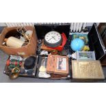 MISCELLANEOUS BYGONES INCLUDING A STONEWARE JUG, BRASSWARE, CLOCK, FLATWARE, LAMPS, MODEL CARS,