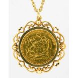 GOLD COIN. CHILE, 50 PESOS 1965 MOUNTED IN A 9CT GOLD PENDANT, ON 9CT GOLD NECKLET, 16.9G