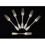 A SET OF SIX VICTORIAN SILVER TABLE FORKS Fiddle and Thread pattern, initialled E, by E B Savory &