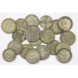 ENGLISH SILVER COINS COMPRISING DOUBLE FLORIN 1889 AND PERIOD 1920-46 HALFCROWNS (14) AND FLORIN (4)