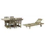 TEAK GARDEN FURNITURE - DINING TABLE, SET OF FOUR CHAIRS AND A SUN LOUNGER
